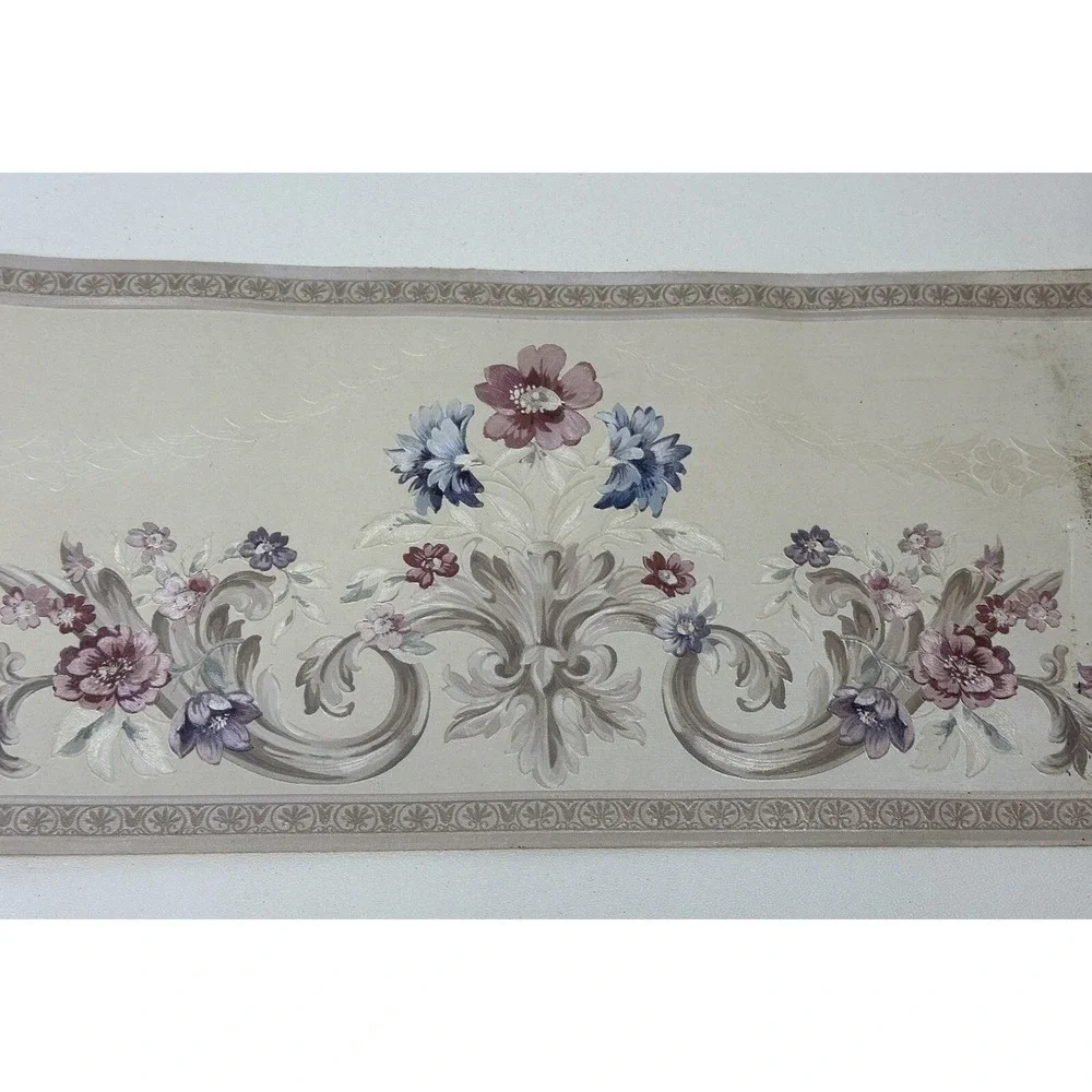 Vintage‎ 90s Mirage Textured Gilded Pastel Floral Vinyl Border 5 Rolls NOS